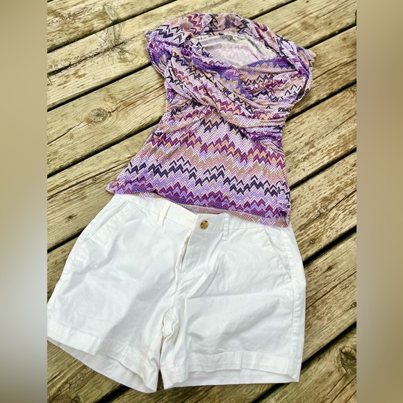 Purple Funky Print Top XS Jennifer Lopez Stretchy Soft Fun Short Sleeve Shirt - Picture 2 of 12